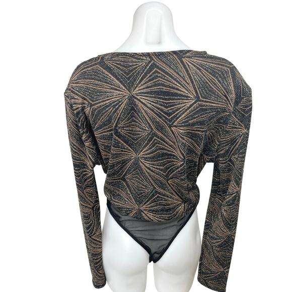 VICI Black Bronze Metallic Glitters Faux Wrap Long Sleeve Blouse Top Bodysuit XL - Picture 2 of 5